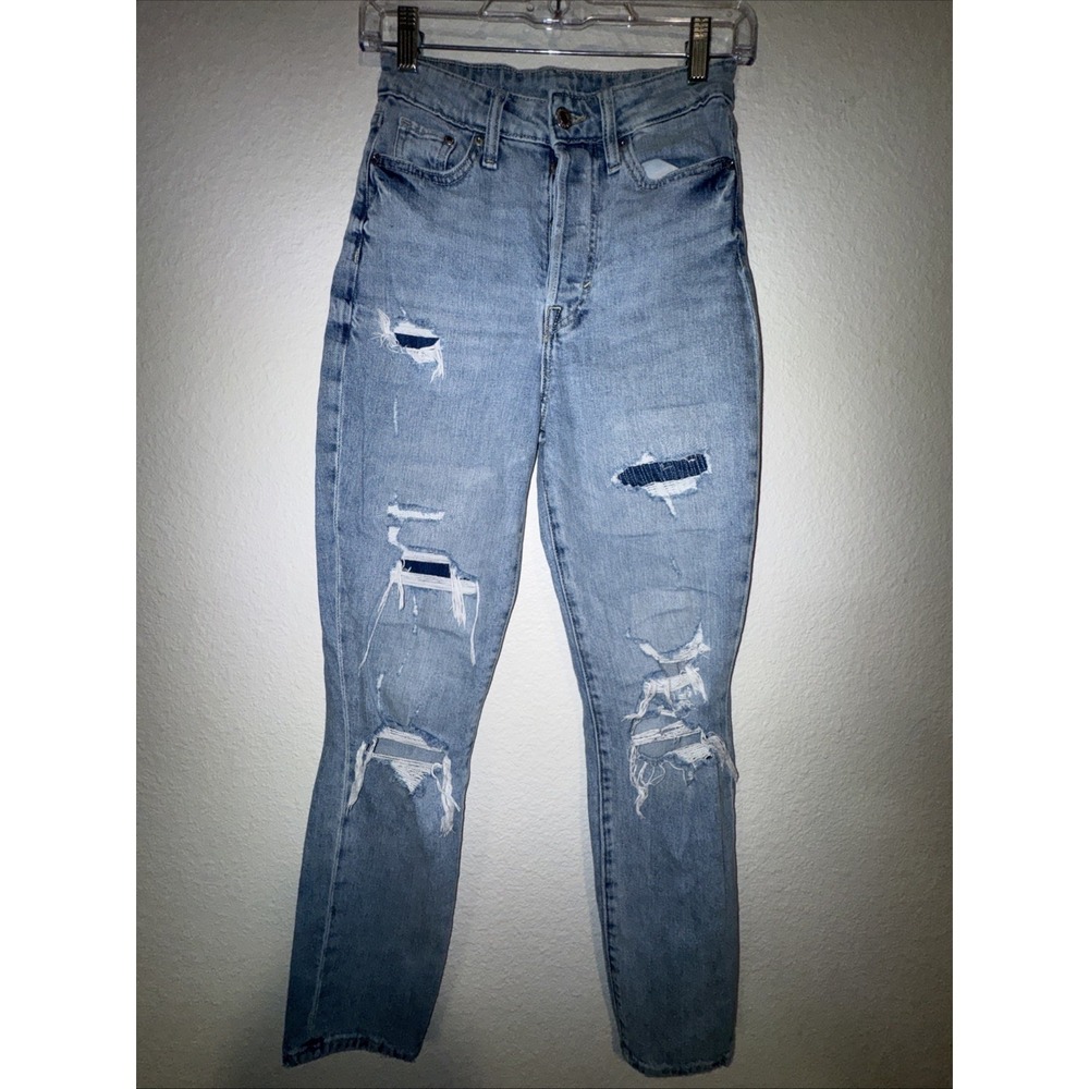 H&M  Womens Mom Jeans Size 0 High Waist Distressed Ripped Button Fly & Denim